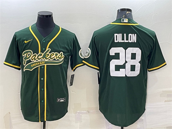 Men's Green Bay Packers #28 A.J. Dillon Green With Patch Cool Base Stitched Baseball Jersey - Click Image to Close